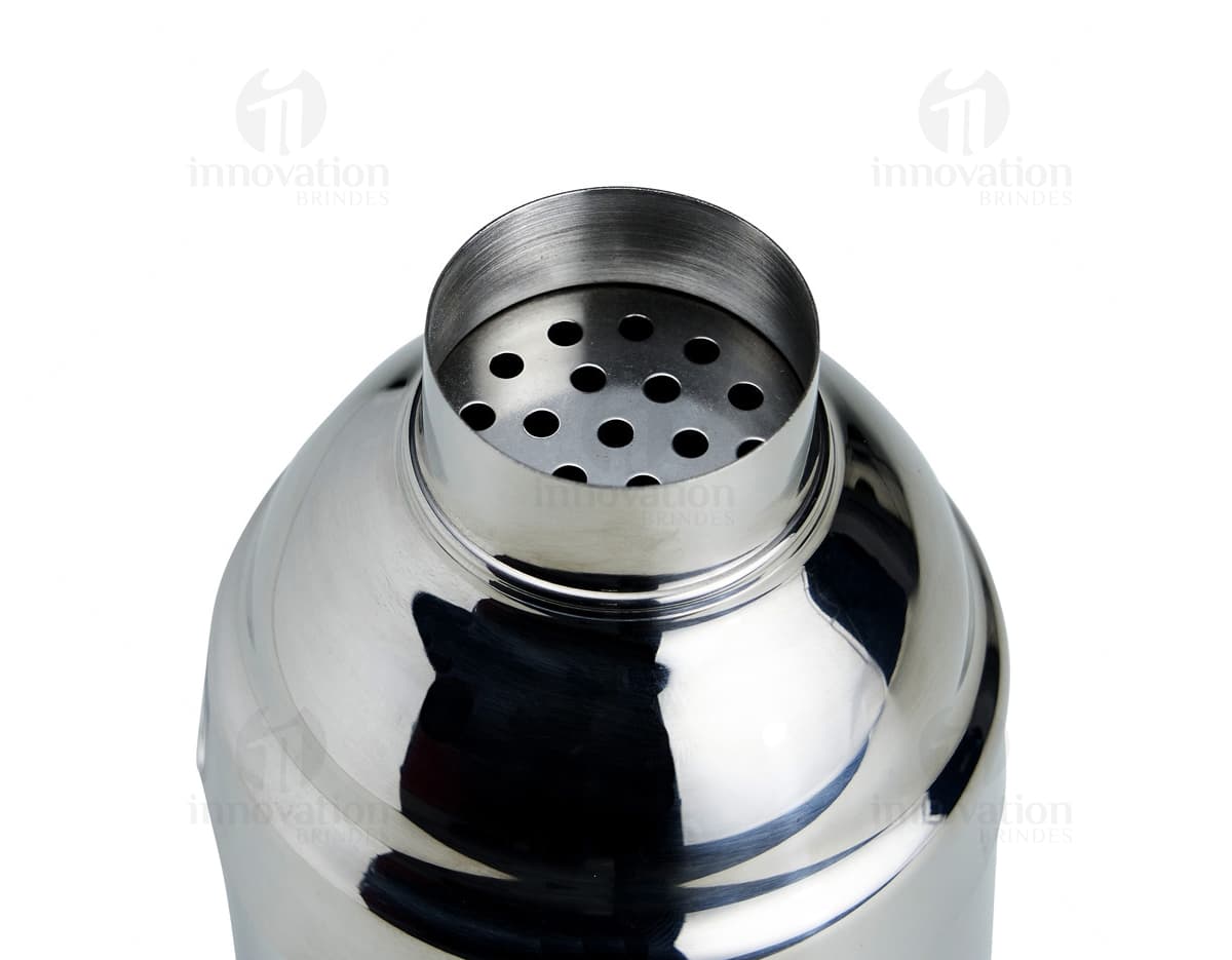 Shaker em HDPE 550 mL transparente com tampa rosqueável e misturador interno preto em primeiro plano.