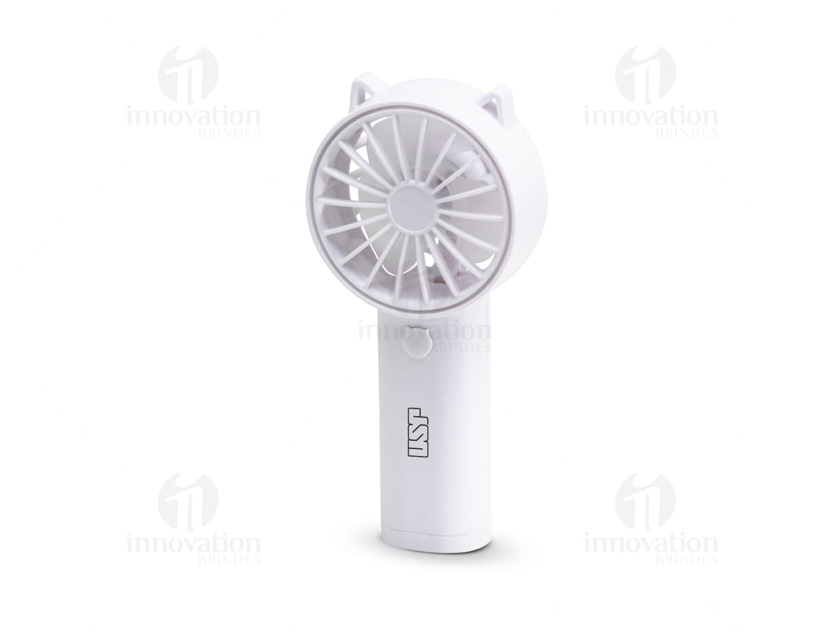Mini ventilador portátil com hélices coloridas em um fundo branco.