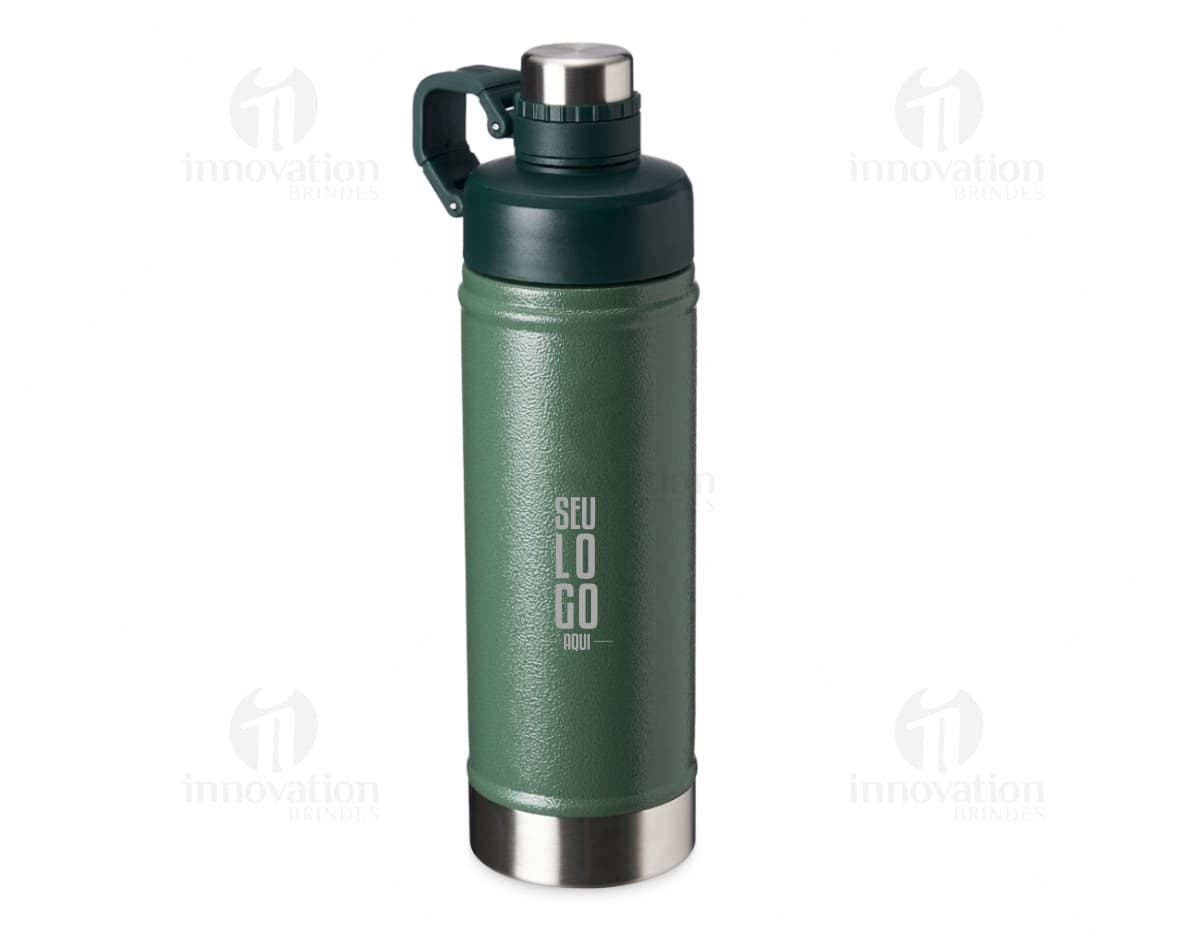 Garrafa em inox de parede dupla com capacidade de 450ml. A garrafa está em pé sobre uma superfície branca e possui tampa rosqueável na cor prata.