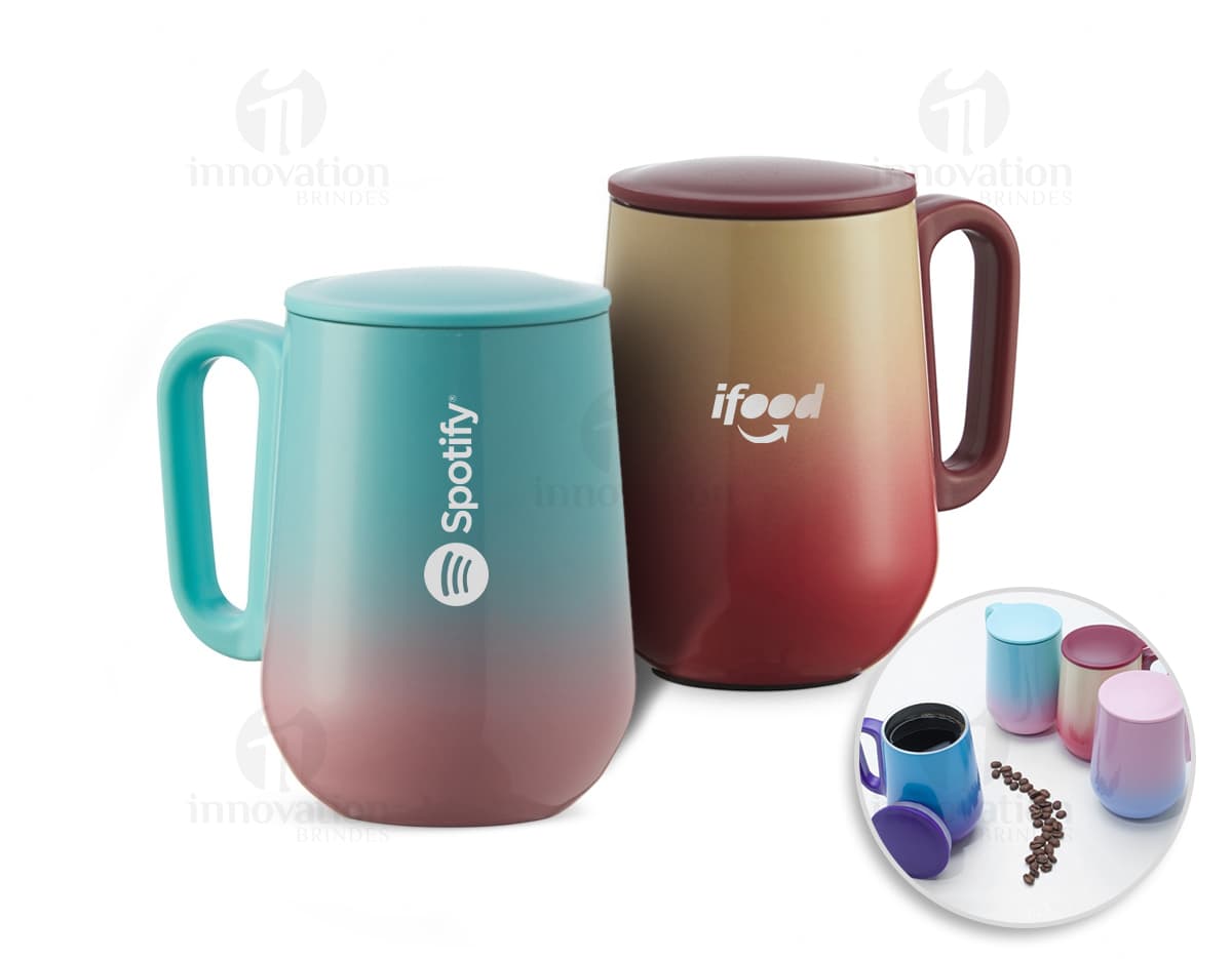 Caneca bicolor de parede dupla com capacidade para 250ml.