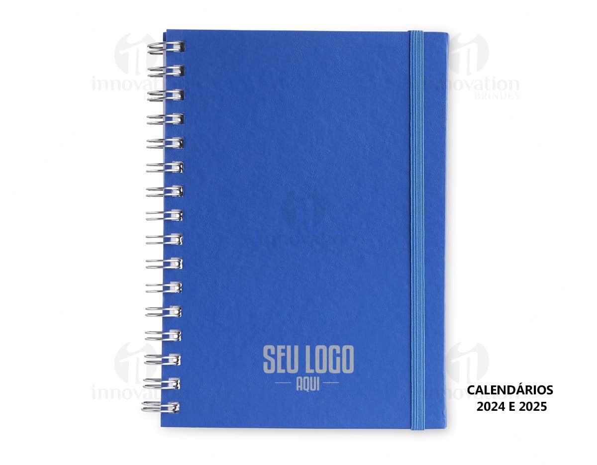 Caderno Planner preto com páginas em branco e marcador de páginas colorido.