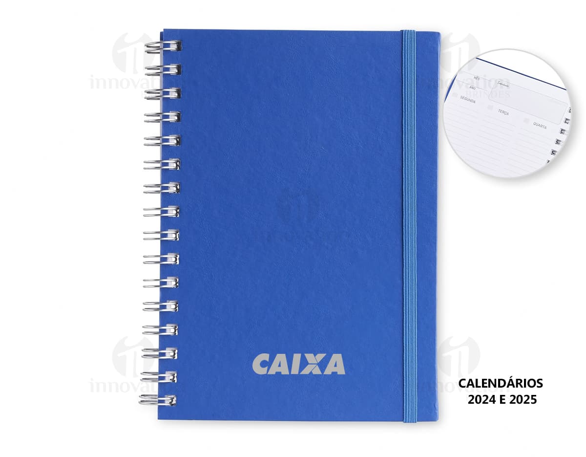 Caderno Planner preto com páginas em branco e marcador de páginas colorido.