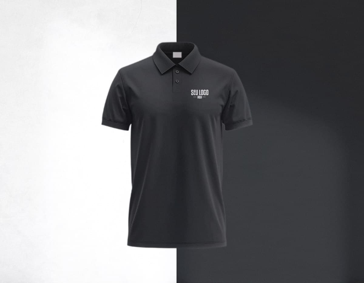 Camiseta Polo preta masculina, feita de algodão, ideal para um look casual e elegante. O modelo, um homem sorridente, está vestindo a camiseta de manga curta, com um estilo moderno e pronto para qualquer ocasião.