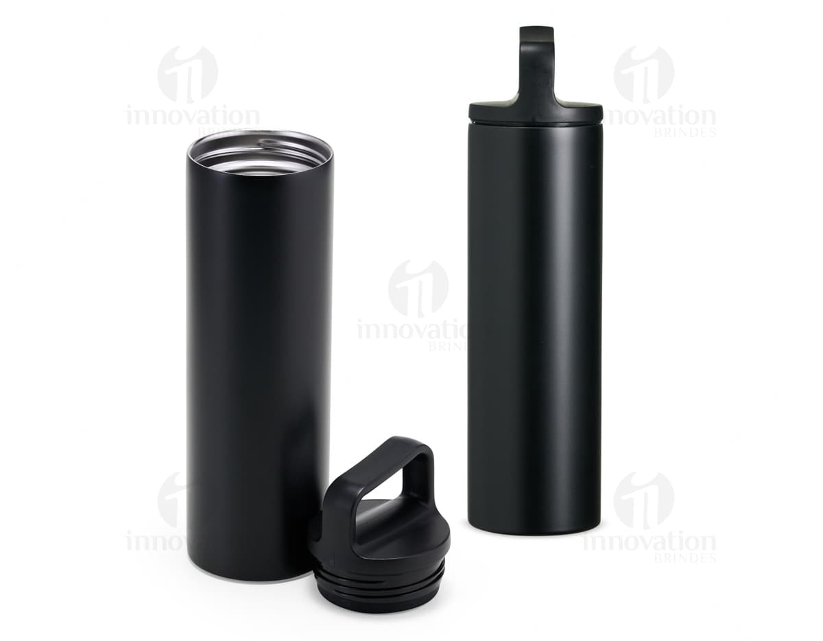 Garrafa inox de cor prata com tampa rosqueável, vista de cima.