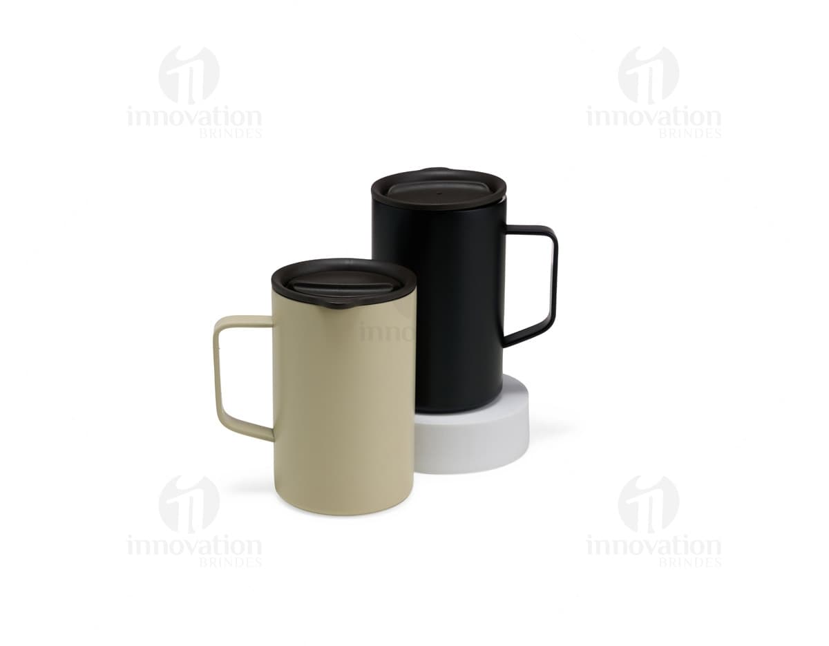 Caneca inox de parede dupla com capacidade de 350ml, ideal para manter a temperatura de bebidas.