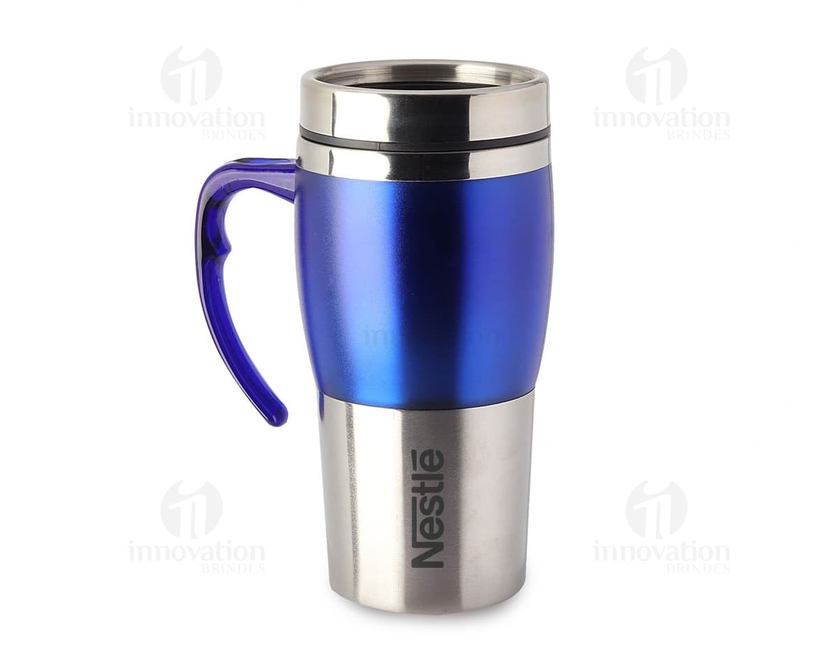 Caneca Térmica Mixer 400ml na cor preta com tampa de rosca e alça ergonômica.
