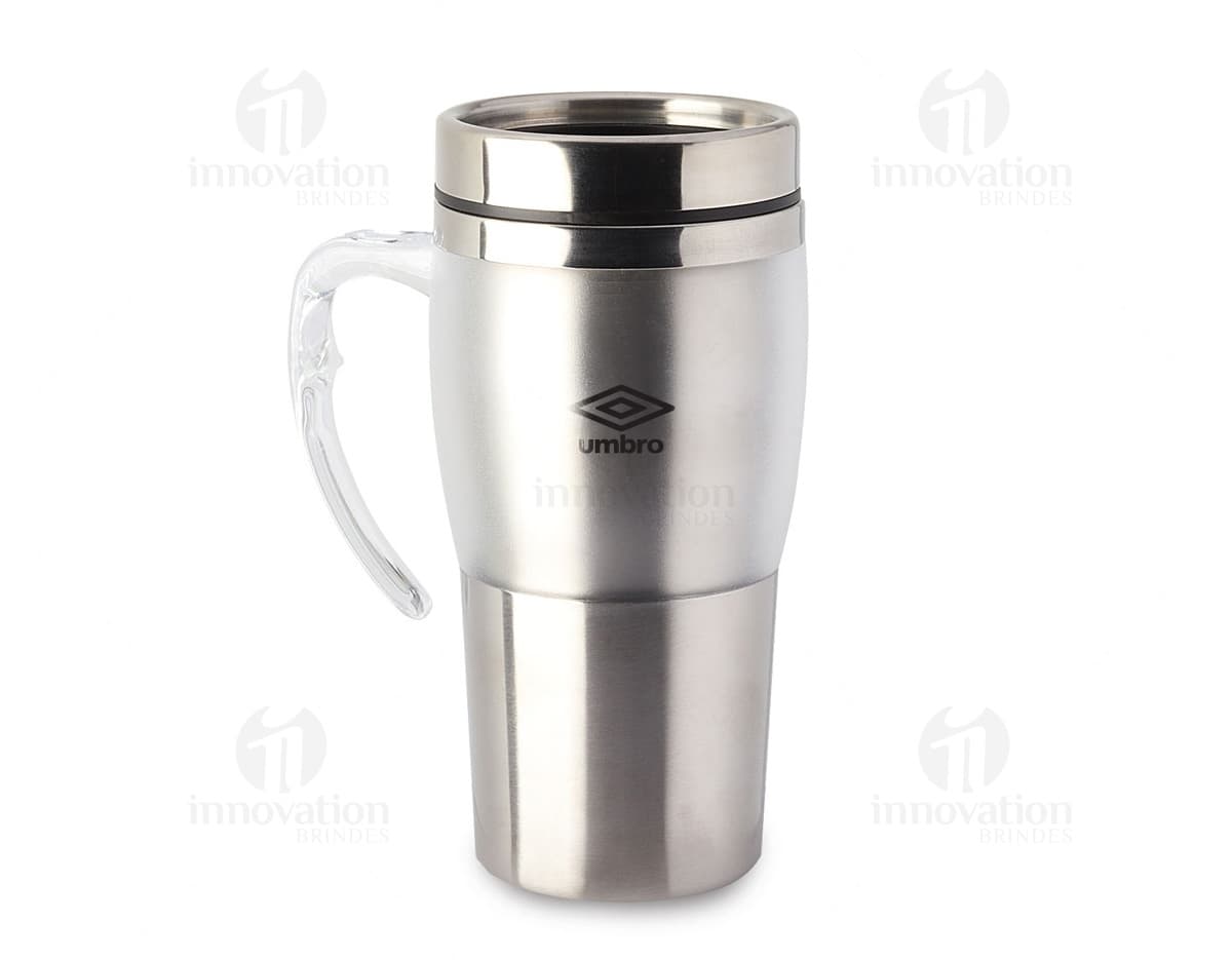Caneca Térmica Mixer 400ml na cor preta com tampa de rosca e alça ergonômica.