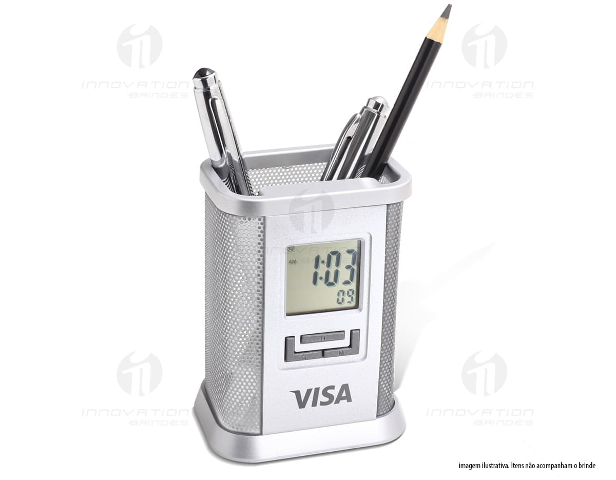 Suporte para caneta e relógio em metal cromado, com design elegante e moderno. Suporte para caneta e relógio em metal cromado, com design elegante e moderno.