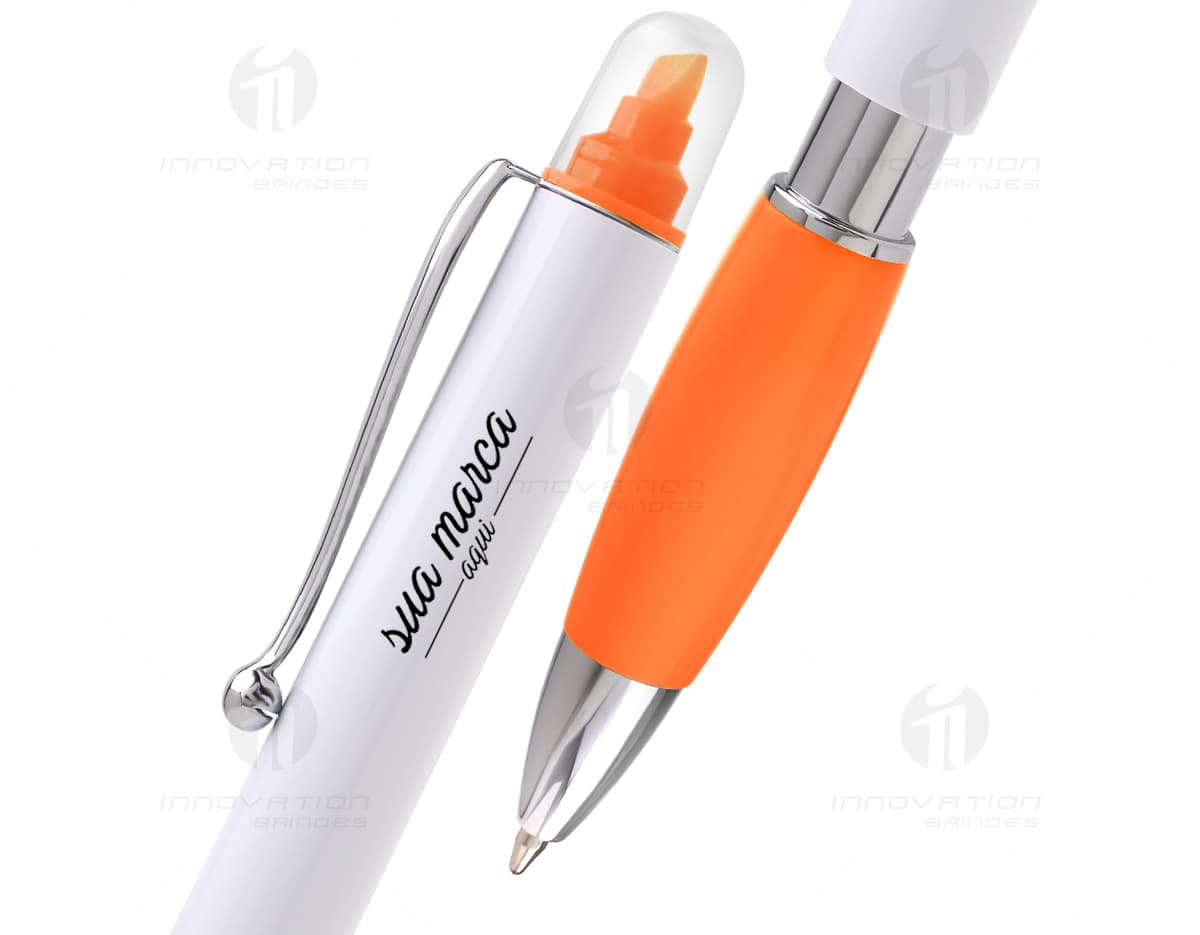 Caneta plástica branca com marca texto. Caneta plástica branca com marca texto.