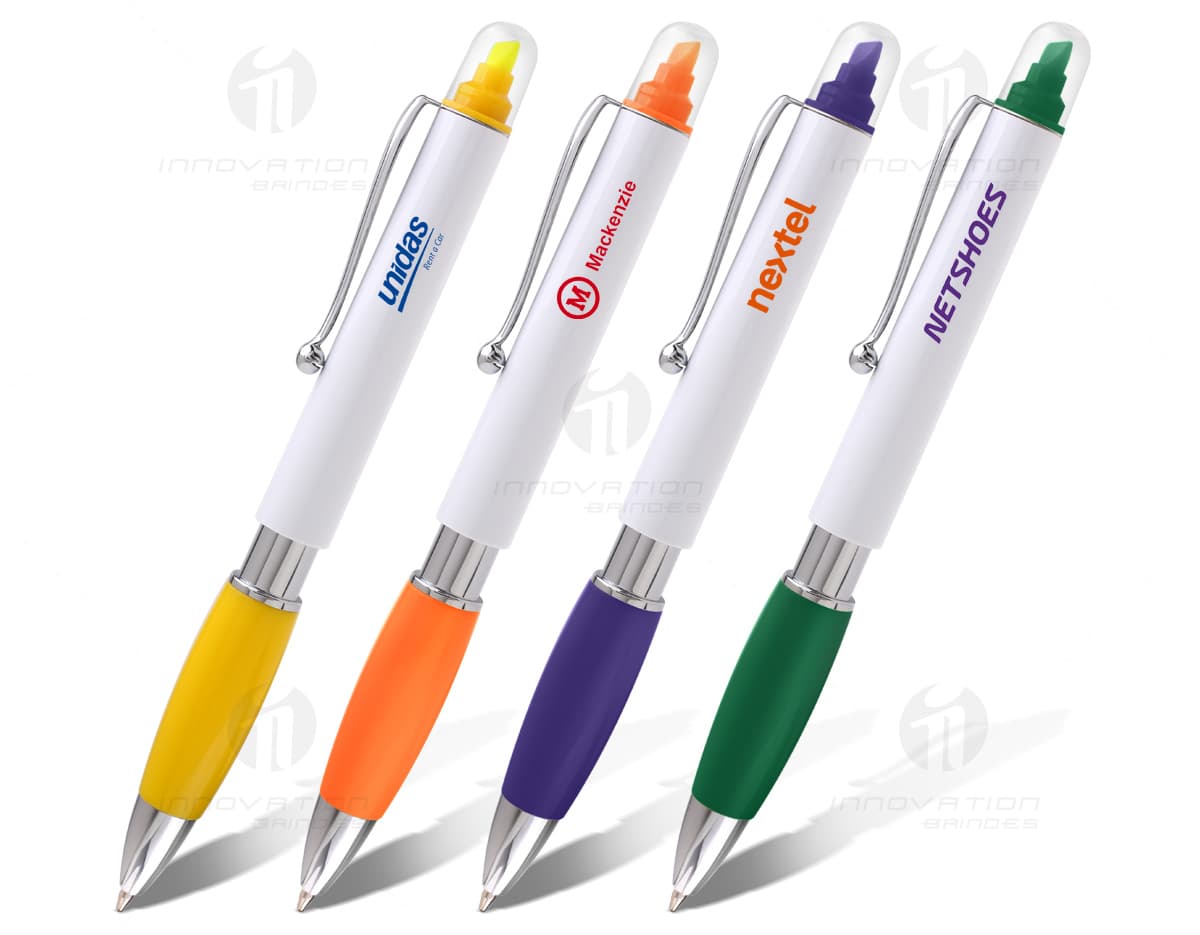 Caneta plástica branca com marca texto. Caneta plástica branca com marca texto.