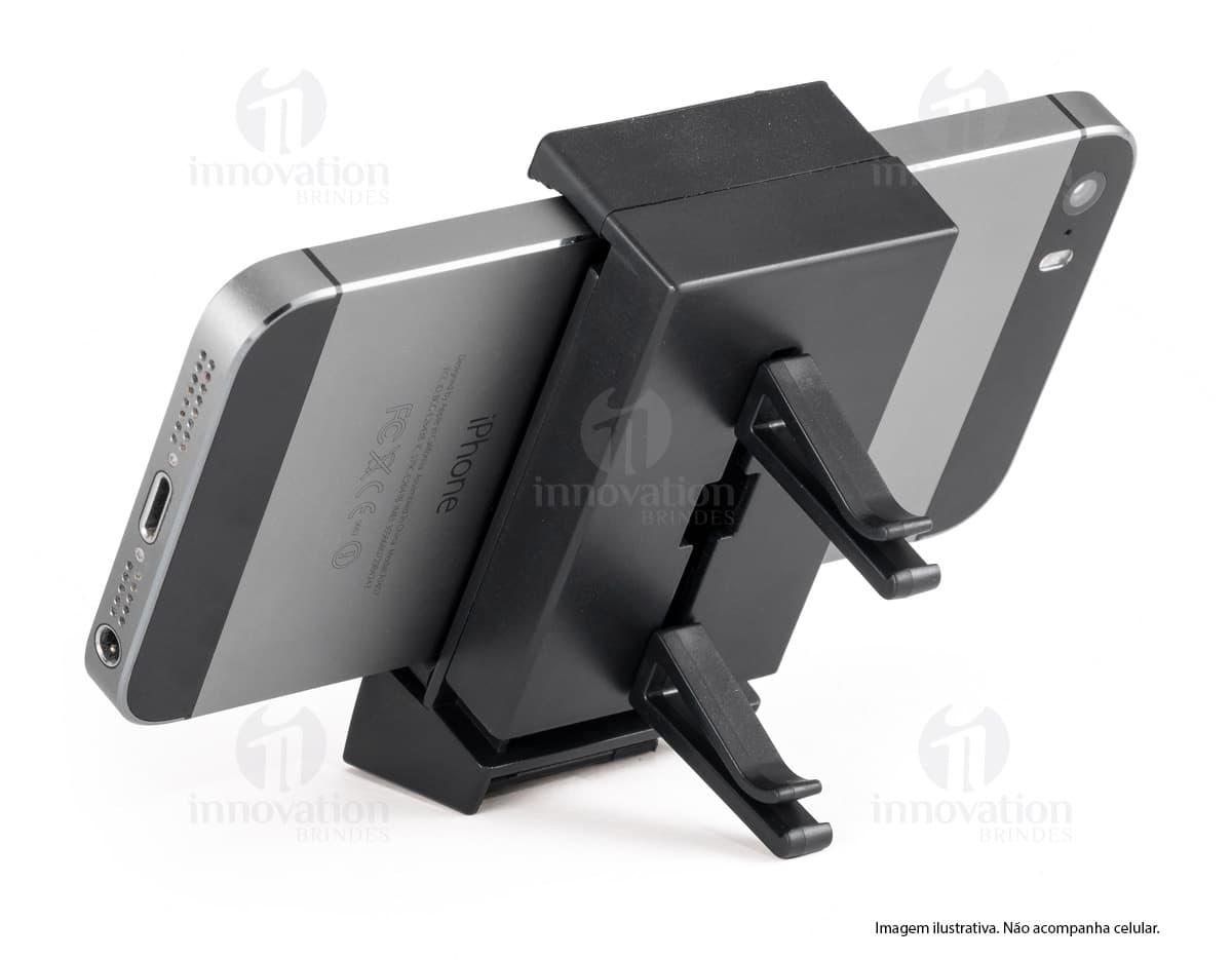 Suporte plástico regulável para celular em cor preta, mostrando ajustes de altura e largura para encaixe perfeito do dispositivo. Suporte plástico regulável para celular em cor preta, mostrando ajustes de altura e largura para encaixe perfeito do dispositivo.