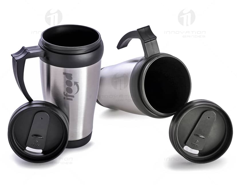 Caneja de metal prateada com capacidade de 400ml, possui alça e design moderno.