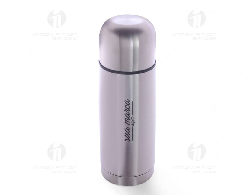 Garrafa térmica de inox de 1 litro com tampa, perfeita para manter líquidos quentes ou frios por mais tempo. O design é clean e moderno, com acabamento prateado e refletivo.