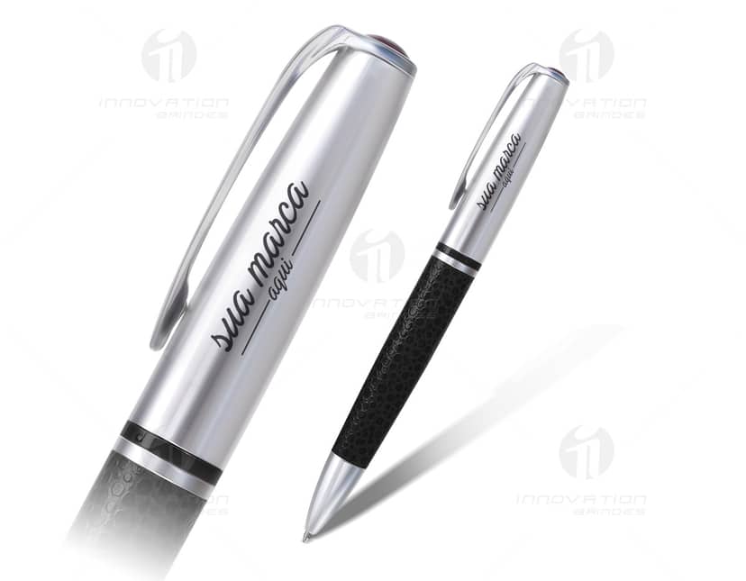 Caneta sem tinta em cor prata com design moderno e elegante.