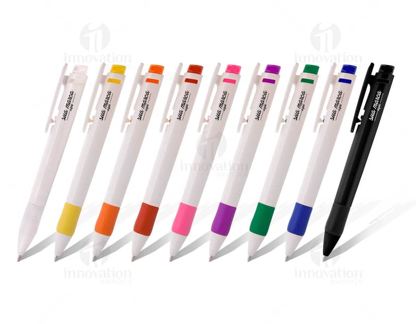 Caneta esferográfica de plástico azul.