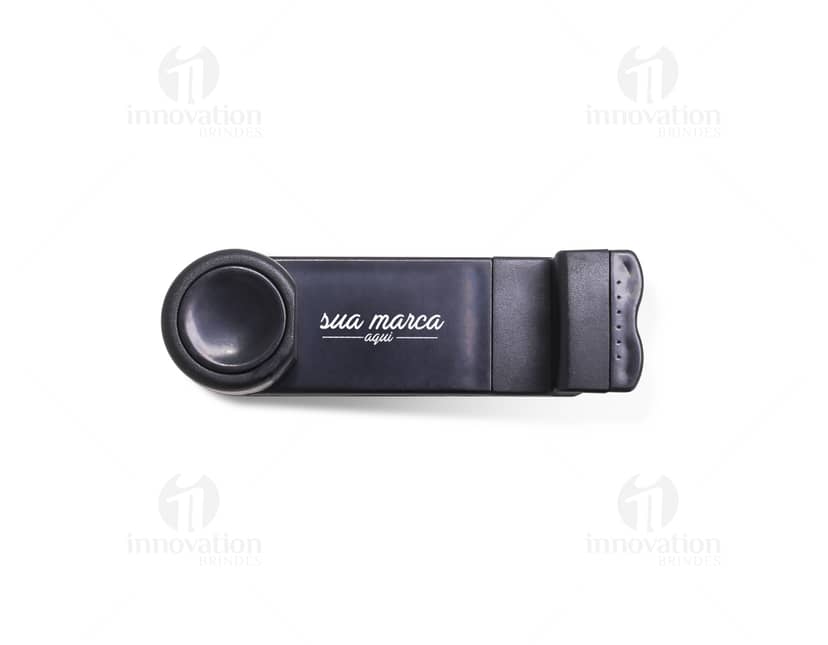Suporte universal para celular, modelo 01, com presilha para fixação em diversas superfícies e ajuste de altura e angulação. Cor preta.