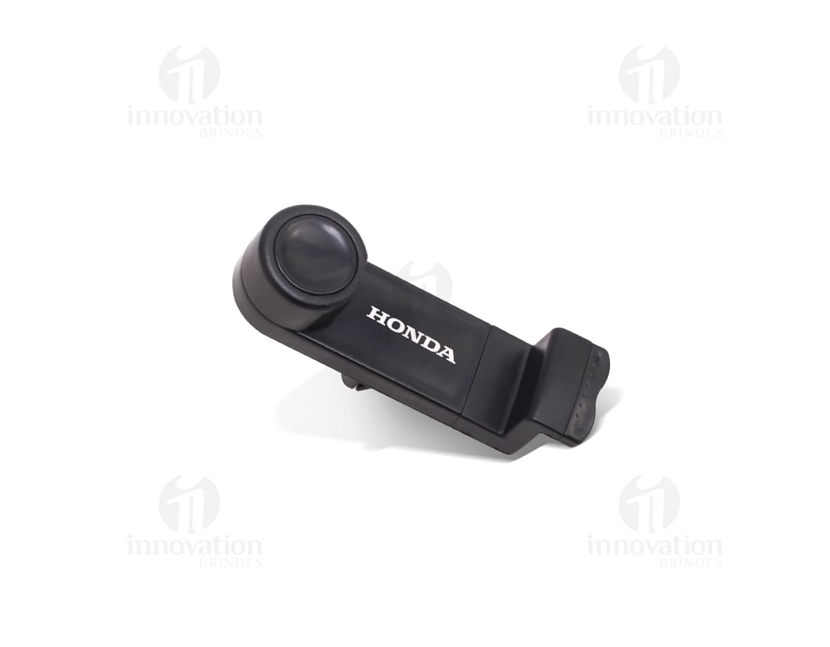 Suporte plástico para celular na cor preta, com ajuste de angulação e design moderno. Suporte plástico para celular na cor preta, com ajuste de angulação e design moderno.