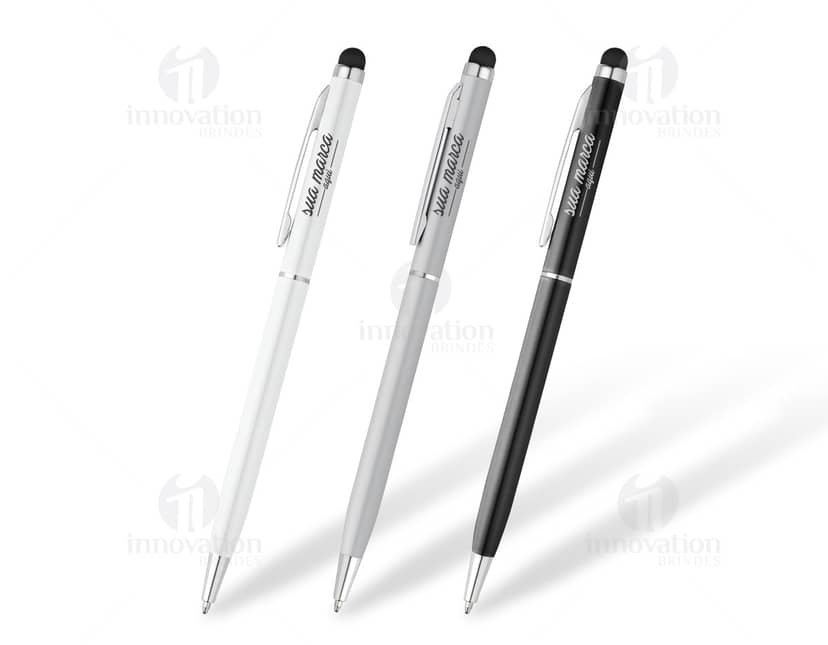 Caneta metal preta com anéis prata, giro.