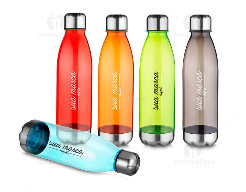 Garrafa de plástico Squeeze com capacidade de 750 ml, na cor amarela, transparente e marrom, ideal para armazenar líquidos como água, suco e refrigerante. Perfeito para festas, bares, restaurantes e celebrações, com tampa de rosca e design clean.