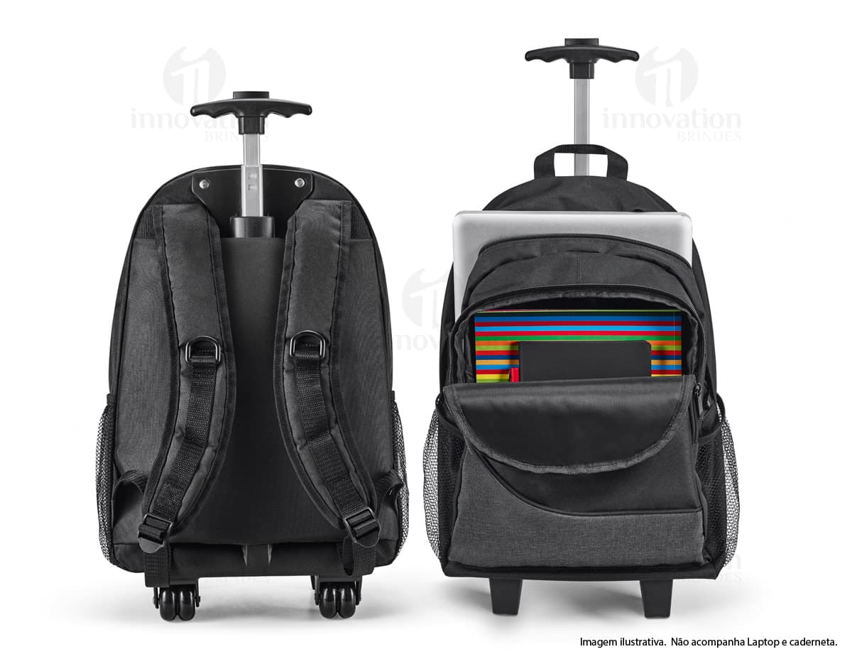 Mochila Empire com divisórias almofadadas em cor preta, vista de frente e aberta destacando a organização interna. Mochila Empire com divisórias almofadadas em cor preta, vista de frente e aberta destacando a organização interna.