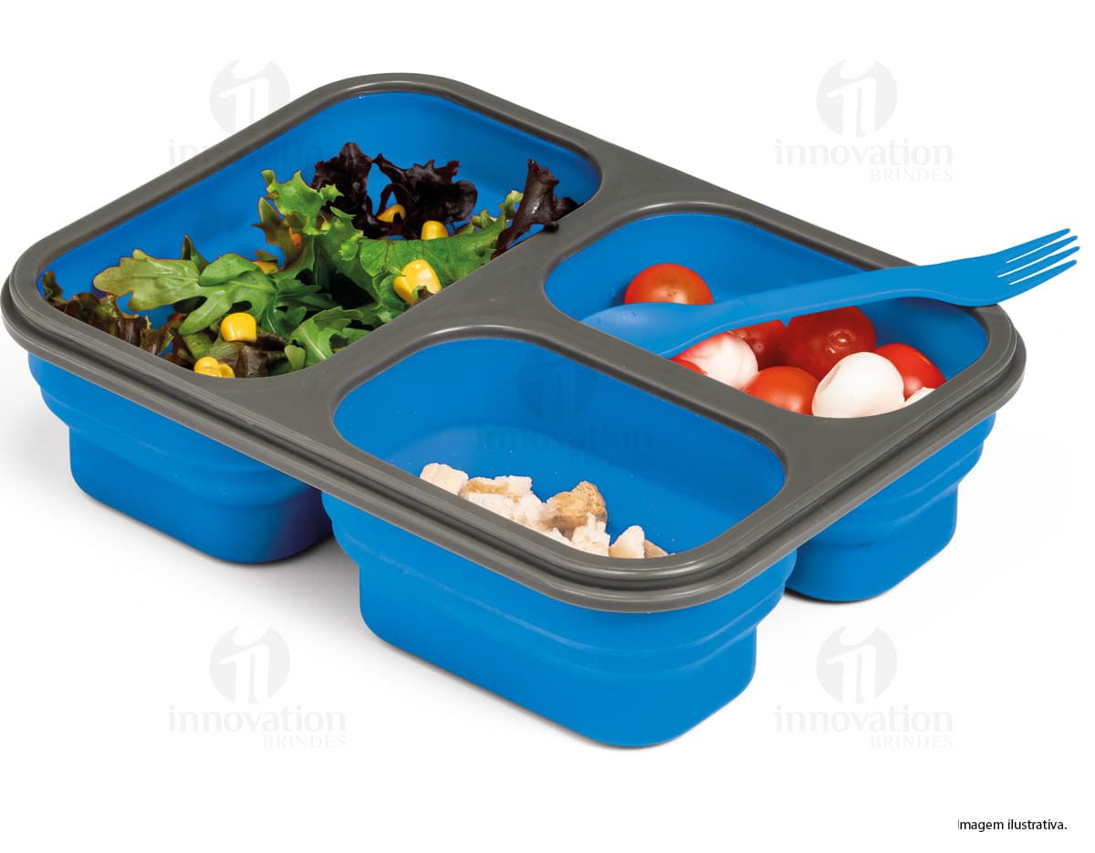Marmita retrátil em silicone com 3 compartimentos. Marmita retrátil em silicone com 3 compartimentos.