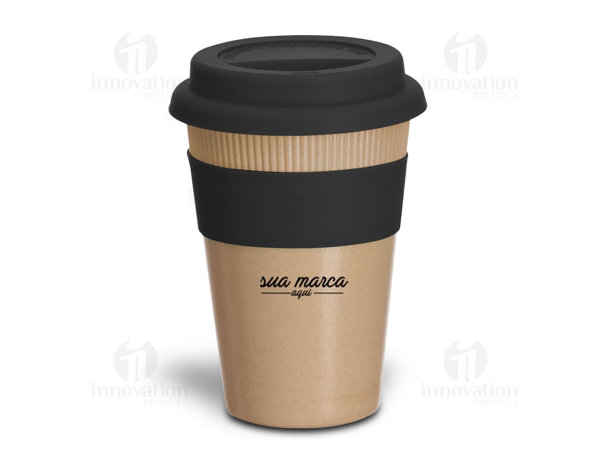 Copo de viagem fibra de bambu de 450ml, com tampa de metal e design colorido em tons de amarelo e preto. Copo de viagem fibra de bambu de 450ml, com tampa de metal e design colorido em tons de amarelo e preto.