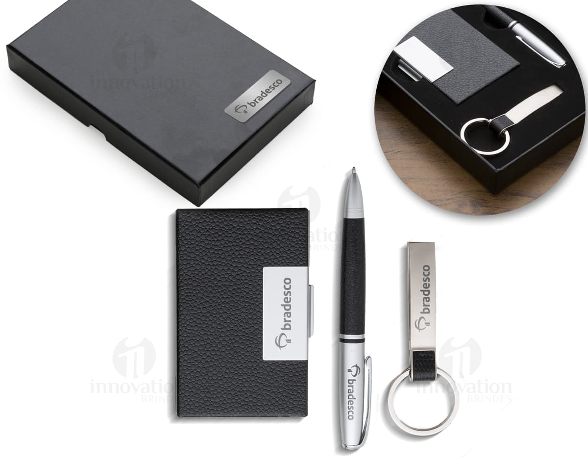 Kit executivo 3 peças composto por caneta, caderno e estojo preto. Kit executivo 3 peças composto por caneta, caderno e estojo preto.
