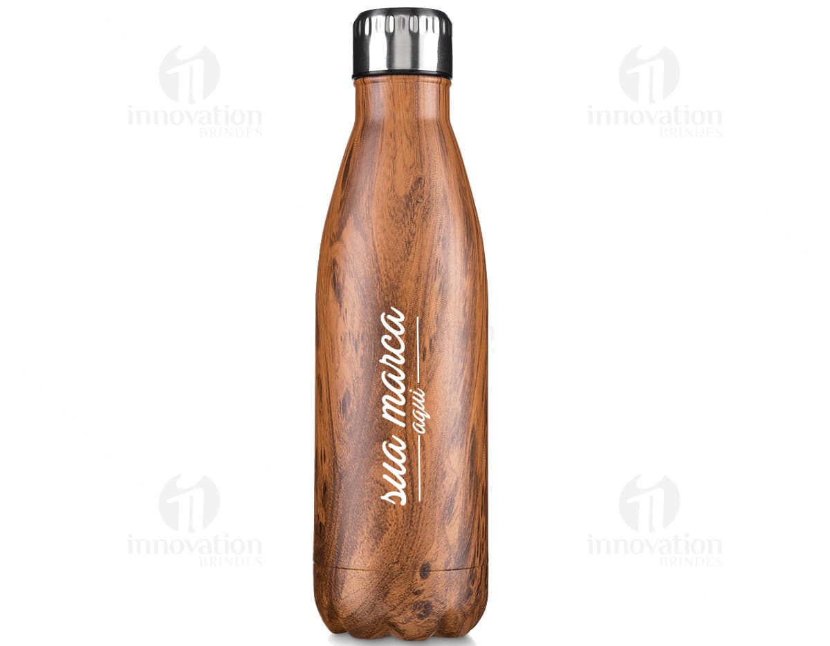 Squeeze de metal com capacidade de 750 ml, com design de imitação de madeira. Squeeze de metal com capacidade de 750 ml, com design de imitação de madeira.