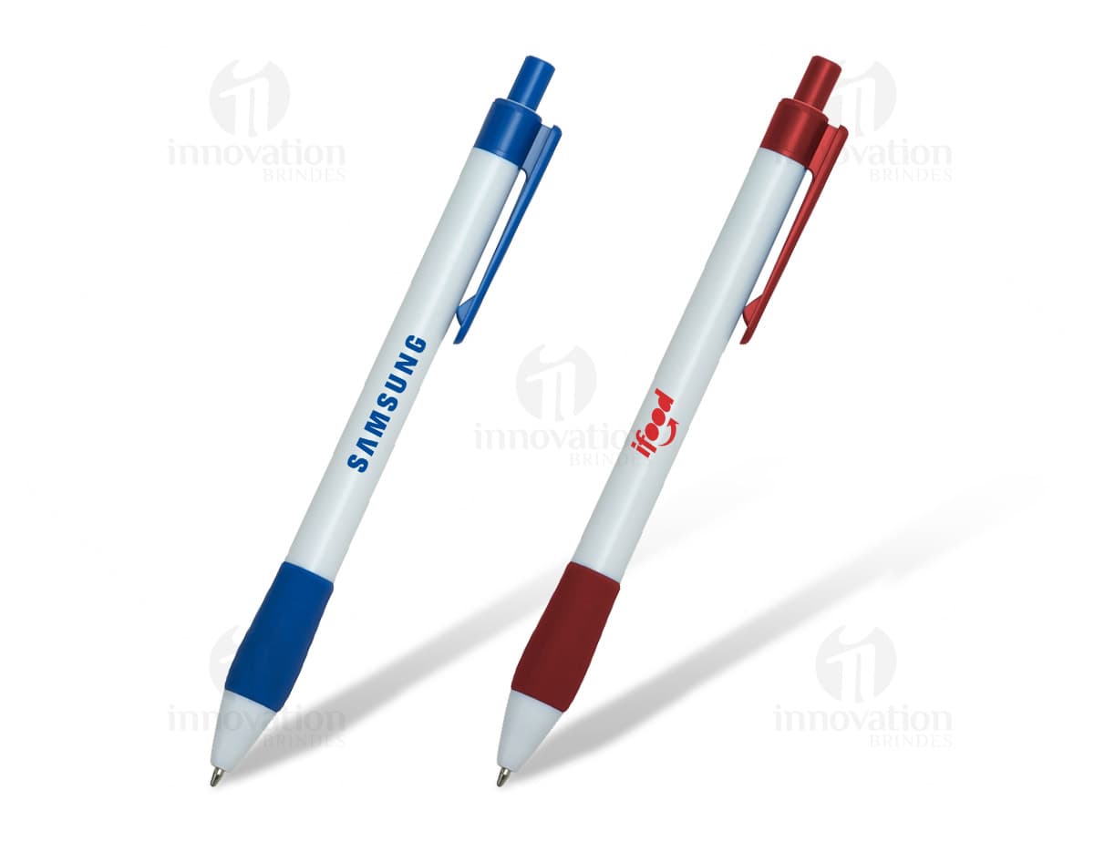 Caneta plástica retrátil esferográfica azul com clip metálico e ponta fina. Caneta plástica retrátil esferográfica azul com clip metálico e ponta fina.