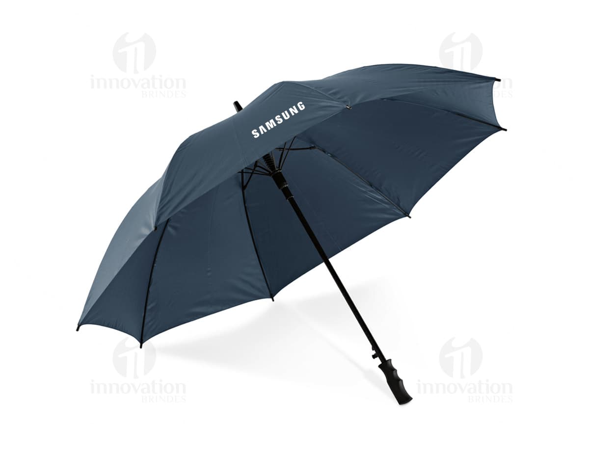 Guarda-chuva com abertura automática em cor azul, com detalhes em preto e cabo emborrachado. Guarda-chuva com abertura automática em cor azul, com detalhes em preto e cabo emborrachado.