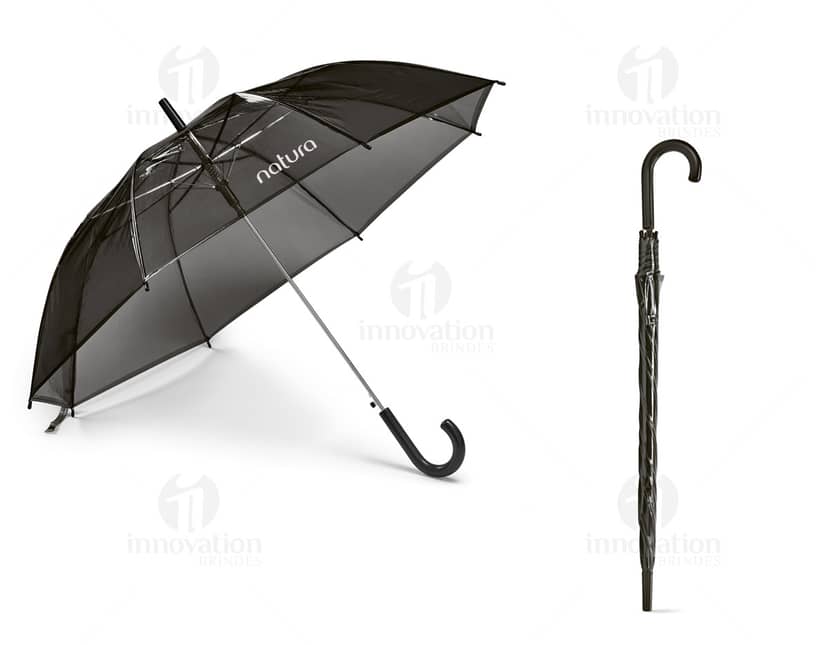 Guarda-chuva com abertura automática em cor azul, com detalhes em preto e cabo emborrachado.