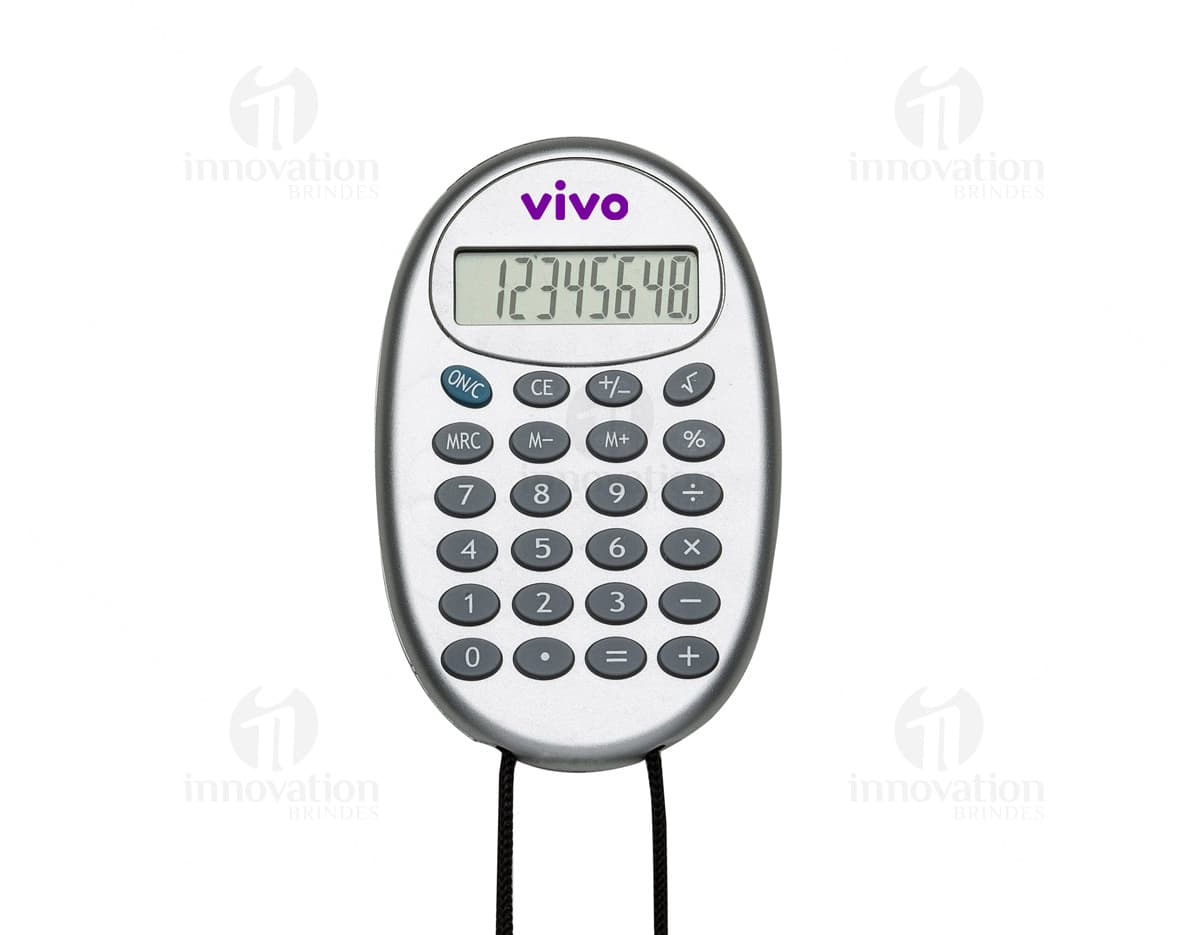 Calculadora plástica com cordão branca. Calculadora plástica com cordão branca.