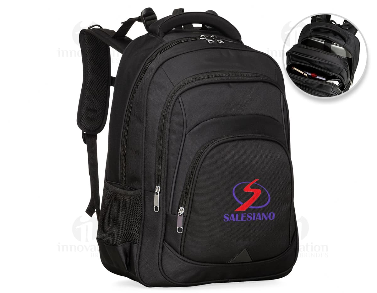 Mochila de poliéster preta, moderna e elegante, com alça, zíper, bolsos e compartimentos de armazenamento. Ideal para viagens, uso diário ou profissional. Mochila de poliéster preta, moderna e elegante, com alça, zíper, bolsos e compartimentos de armazenamento. Ideal para viagens, uso diário ou profissional.