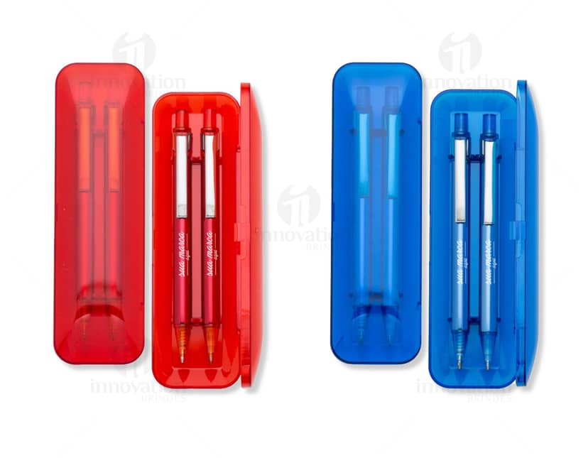 Conjunto de caneta e lapiseira semimetal em cores vibrantes, incluindo laranja, amarelo, roxo e rosa. Os equipamentos possuem um design moderno e atraente, ideais para uso escolar ou no escritório.