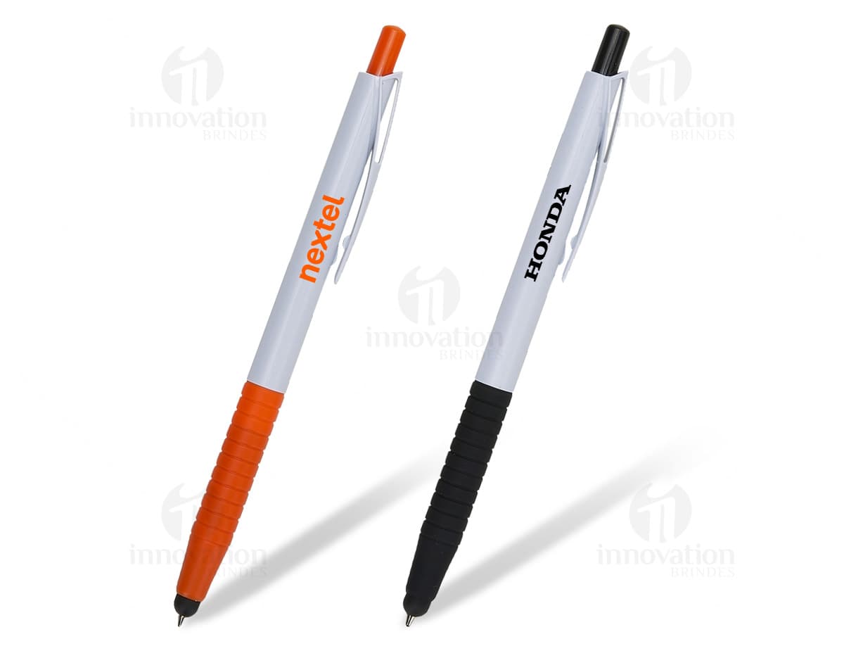 Caneta plástica branca com detalhes. Caneta plástica branca com detalhes.