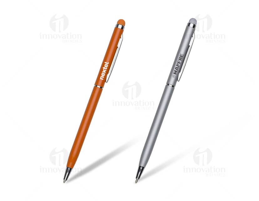 Caneta metal fina com ponta touch na cor prata.