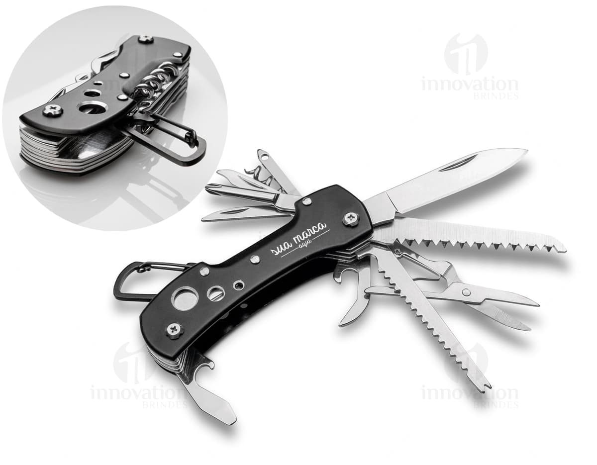 Canivete multifunções em aço inox, contendo 12 peças diferentes. Canivete multifunções em aço inox, contendo 12 peças diferentes.