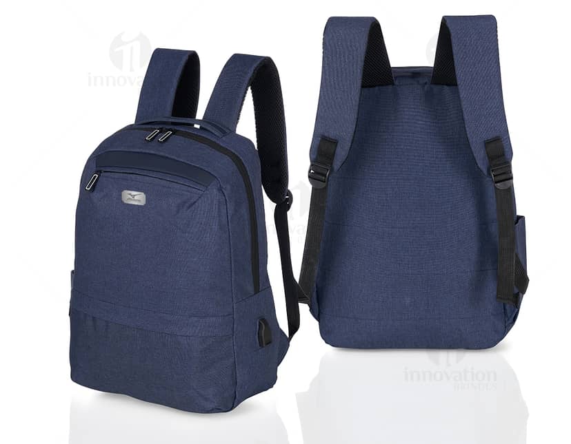 Mochila para notebook feita de poliéster na cor azul escuro.