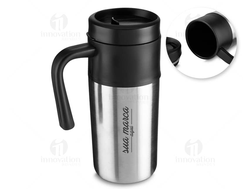 Caneca de inox com tampa plástica, capacidade para 450ml.