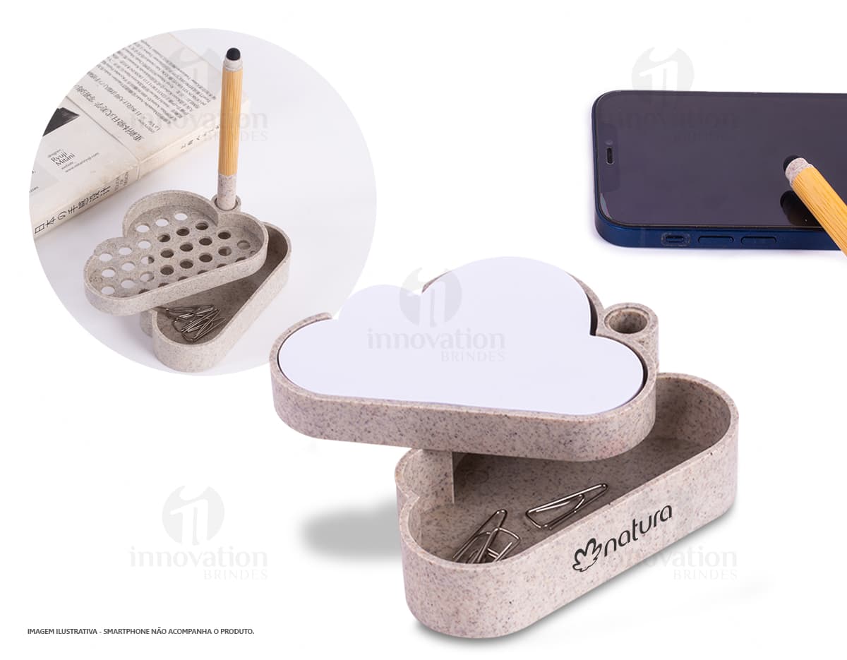Kit escritório contendo um bloco de anotações, caneta e estojo. Kit escritório contendo um bloco de anotações, caneta e estojo.
