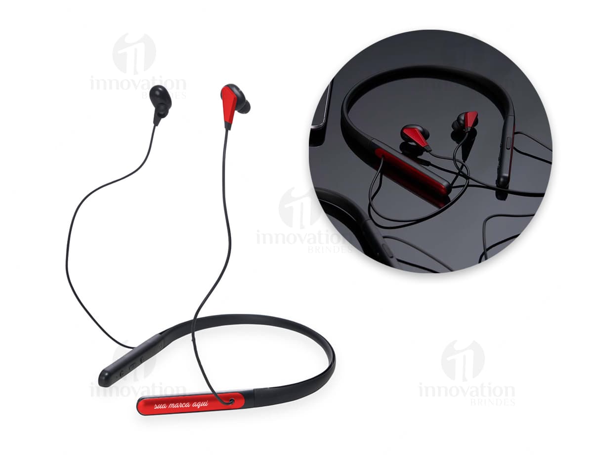 Fone de ouvido com conexão Bluetooth e haste de encaixe no pescoço, recarregável por meio de cabo USB. Fone de ouvido com conexão Bluetooth e haste de encaixe no pescoço, recarregável por meio de cabo USB.