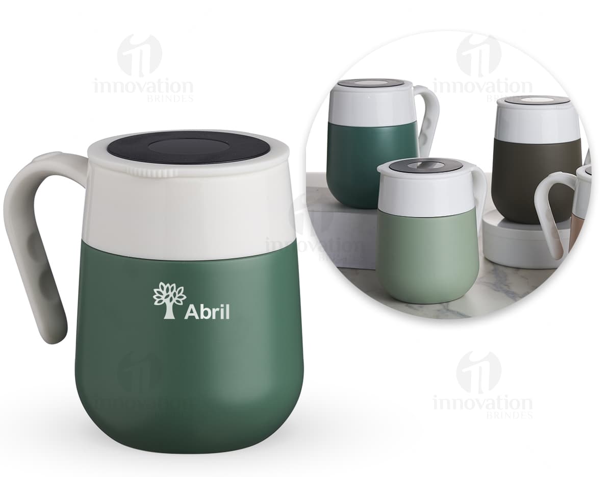 Caneca Inox 400ml em fundo branco, com design cilíndrico e capacidade para 400ml. Caneca Inox 400ml em fundo branco, com design cilíndrico e capacidade para 400ml.