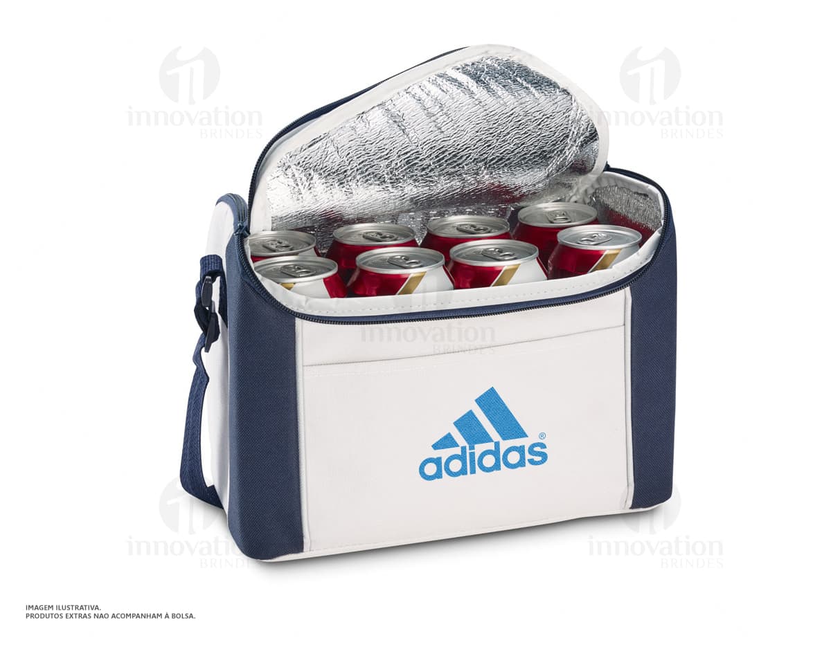 Bolsa térmica feita de nylon com capacidade de 8 litros e bolsos laterais. Bolsa térmica feita de nylon com capacidade de 8 litros e bolsos laterais.