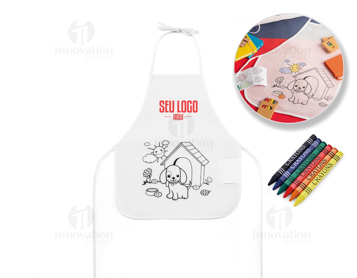 Avental infantil de colorir feito de non-woven 80 g, mostrando uma superfície lisa e resistente para desenhos criativos. Avental infantil de colorir feito de non-woven 80 g, mostrando uma superfície lisa e resistente para desenhos criativos.
