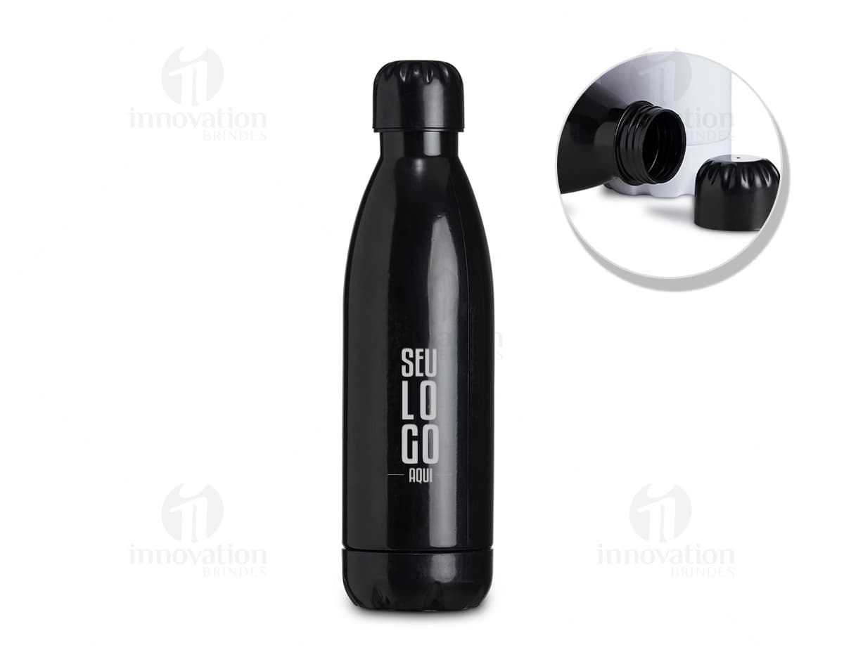 Garrafa Térmica Inox 1 Litro em fundo branco, com tampa e alça de transporte. Garrafa Térmica Inox 1 Litro em fundo branco, com tampa e alça de transporte.