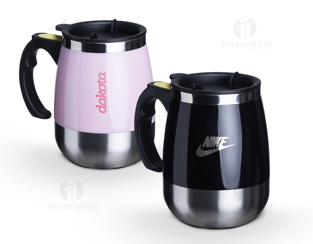 Caneca com misturador de 350ml em cor branca com tampa e botão para agitar o líquido. Caneca com misturador de 350ml em cor branca com tampa e botão para agitar o líquido.