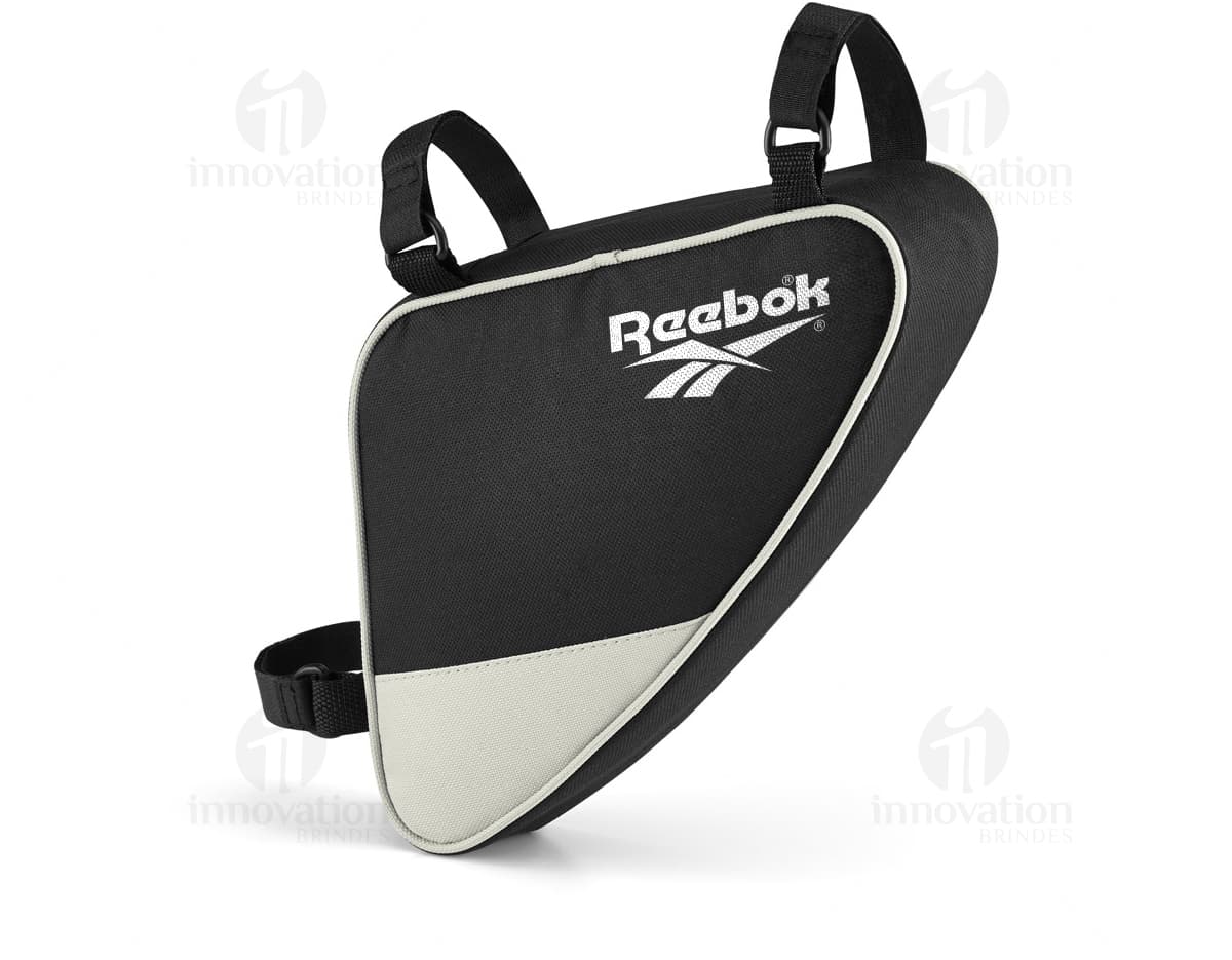 Bolsa para bicicleta preta com fecho de velcro e detalhes refletivos, presa ao quadro da bicicleta. Bolsa para bicicleta preta com fecho de velcro e detalhes refletivos, presa ao quadro da bicicleta.