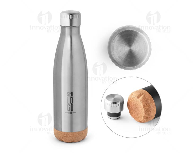 Garrafa térmica de 560ml em aço inoxidável com tampa rosqueável e isolamento térmico. Cor predominante: prata.