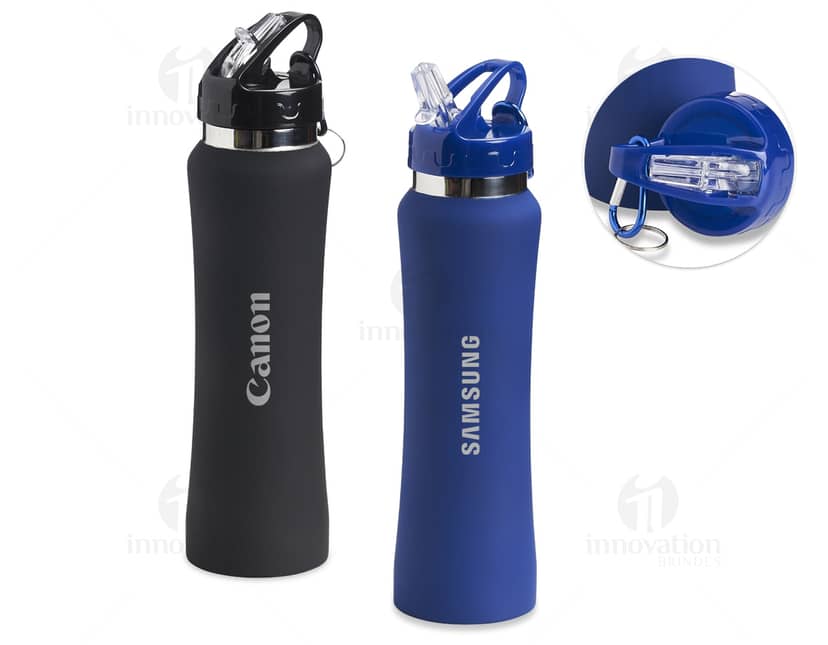 Squeeze Alumínio 750ml na cor prateada com tampa rosqueável e design moderno.