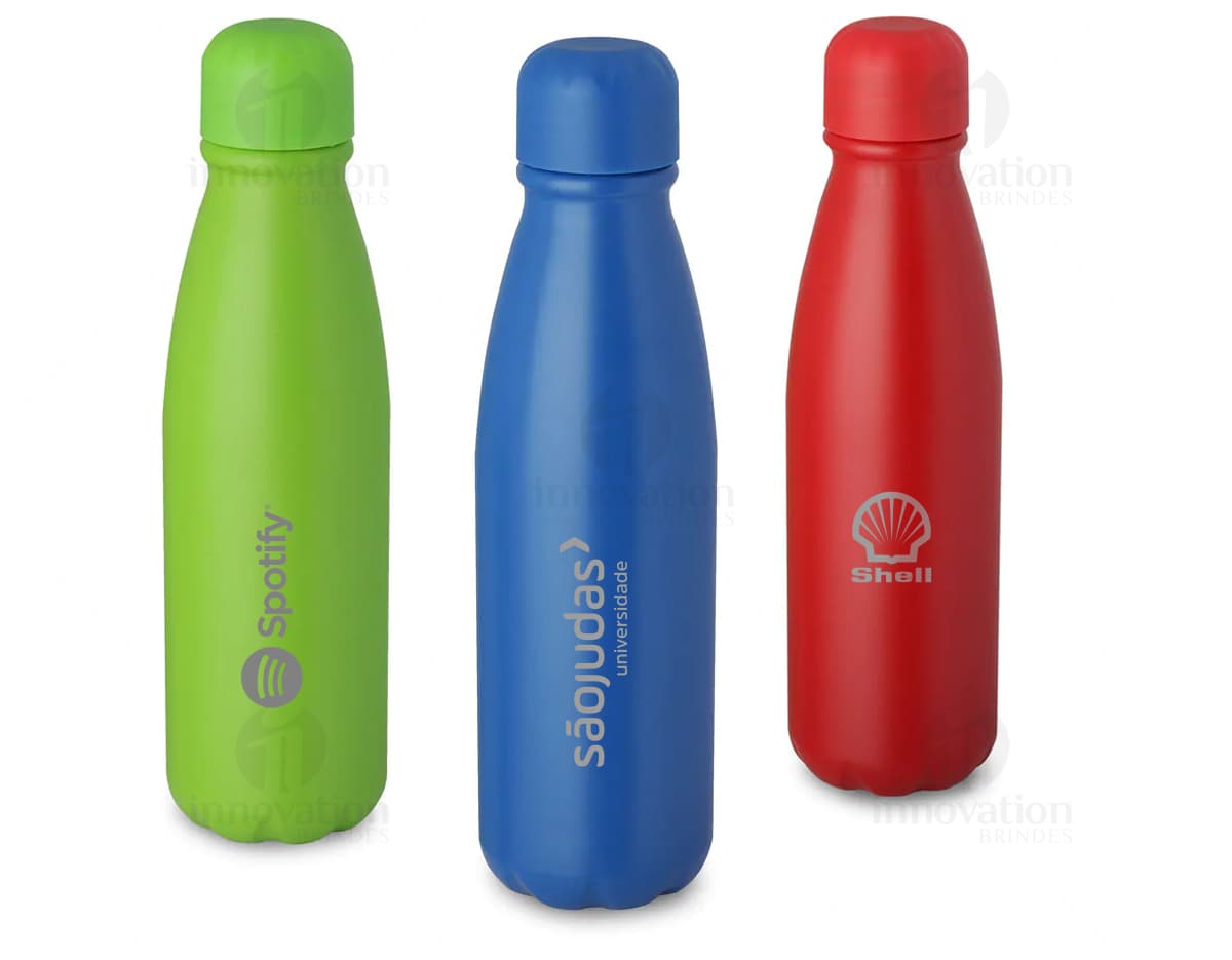 Garrafa de aço inoxidável de 500ml vazia, com design clean, contendo líquido transparente. O recipiente possui tampa e rótulo, podendo ser utilizado para armazenar bebidas como água refrescante. Ideal para uso pessoal, seja em casa, no trabalho ou na academia. Garrafa de aço inoxidável de 500ml vazia, com design clean, contendo líquido transparente. O recipiente possui tampa e rótulo, podendo ser utilizado para armazenar bebidas como água refrescante. Ideal para uso pessoal, seja em casa, no trabalho ou na academia.